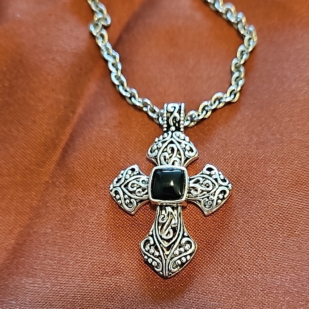 Elegant Silver Cross Pendant Necklace with Black Stone